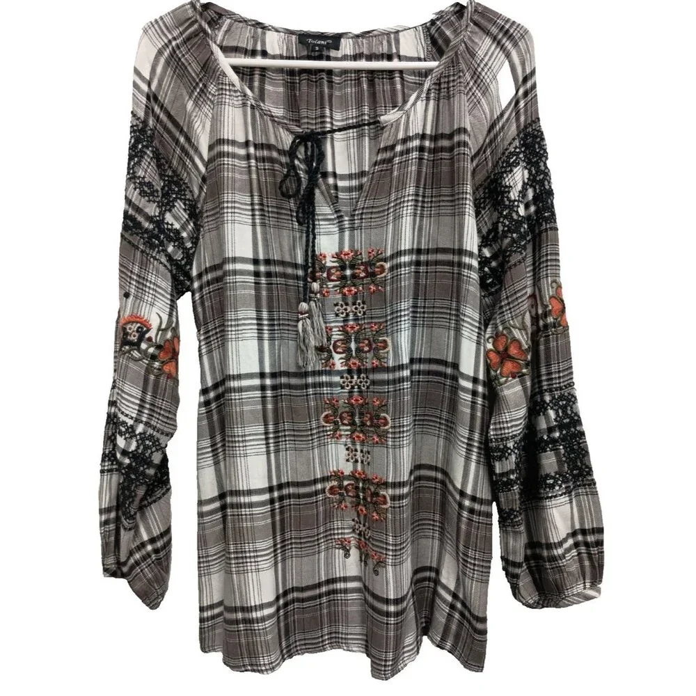 Vintage Emroidered Plaid Peasant Top - Black & White with Orange Accents